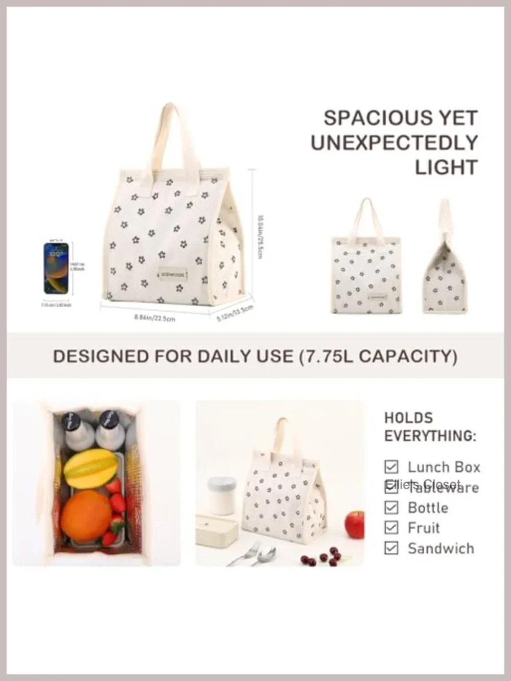 Corduroy Insulated Lunch Bag 7.75L Reusable Cooler Leakproof for Work Travel